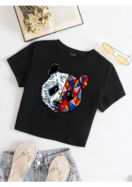 Kadın Kısa Kollu Basic Dar Kalıp Heiparman Panda Baskılı Crop T-Shirt - Siyah