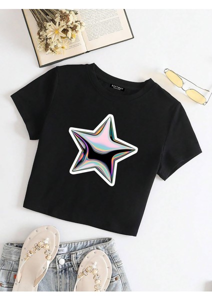 Kadın Kısa Kollu Basic Dar Kalıp Shining Metallic Star Baskılı Crop T-Shirt - Siyah