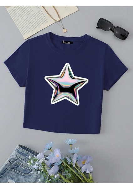 Kadın Kısa Kollu Basic Dar Kalıp Shining Metallic Star Baskılı Crop T-Shirt - Indigo