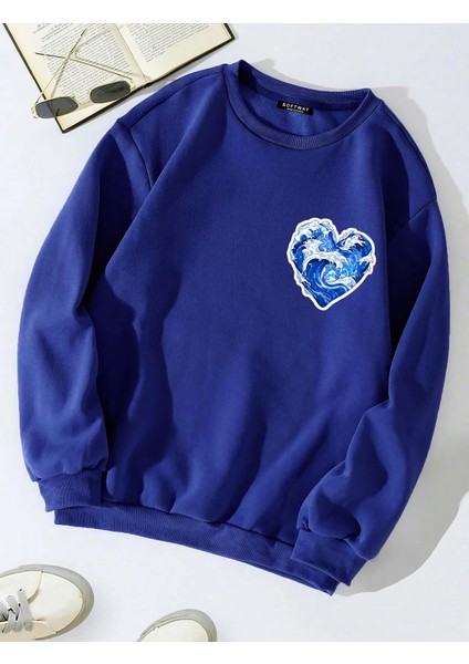 Unisex Oversize Bisiklet Yaka Basic Ocean Heart Baskılı Sweatshirt - Saks Mavisi