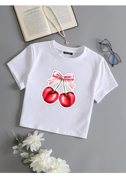 Kadın Kısa Kollu Basic Dar Kalıp Ribbon Cherry Baskılı Crop T-Shirt - Beyaz