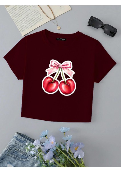 Kadın Kısa Kollu Basic Dar Kalıp Ribbon Cherry Baskılı Crop T-Shirt - Bordo