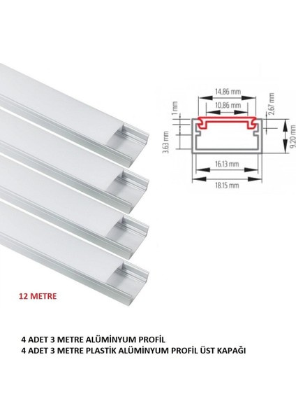 Alüminyum LED Kanalı LED Profili ve Üst Kapağı 4 Boy 12 Metre Boş Kasa 724-01