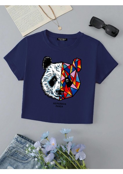 Kadın Kısa Kollu Basic Dar Kalıp Heiparman Panda Baskılı Crop T-Shirt - Indigo