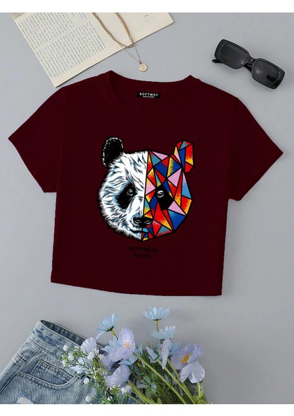 Kadın Kısa Kollu Basic Dar Kalıp Heiparman Panda Baskılı Crop T-Shirt - Bordo