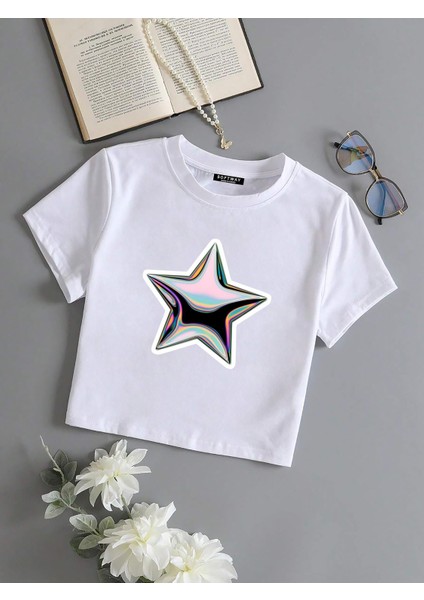 Kadın Kısa Kollu Basic Dar Kalıp Shining Metallic Star Baskılı Crop T-Shirt - Beyaz