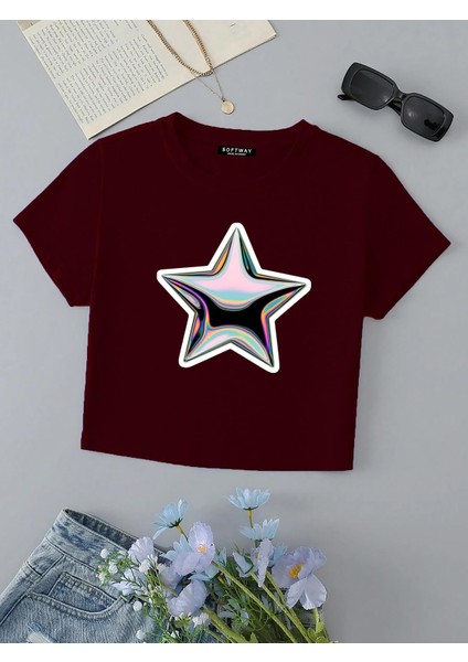 Kadın Kısa Kollu Basic Dar Kalıp Shining Metallic Star Baskılı Crop T-Shirt - Bordo