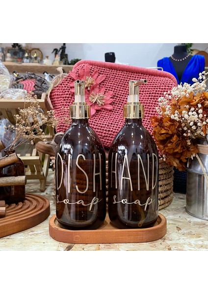 Ahşap Stantlı Gold Başlık 2'li 500 ml Amber Cam Sıvı Sabun Bulaşık Deterjanı Şişesi Mutfak Sabunluk