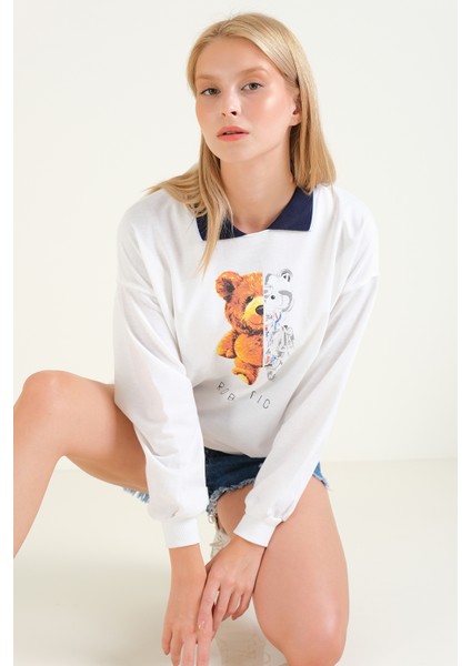 Kadın Baskılı Polo Yaka Sweatshirt Lacivert fiyatları