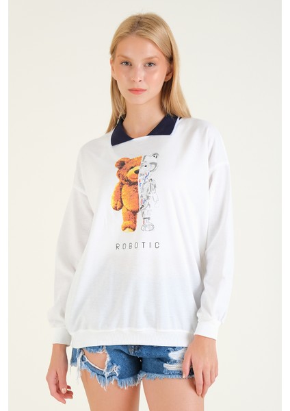 Kadın Baskılı Polo Yaka Sweatshirt Lacivert modelleri