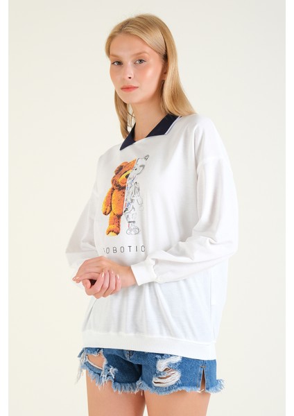Kadın Baskılı Polo Yaka Sweatshirt Lacivert fırsatları