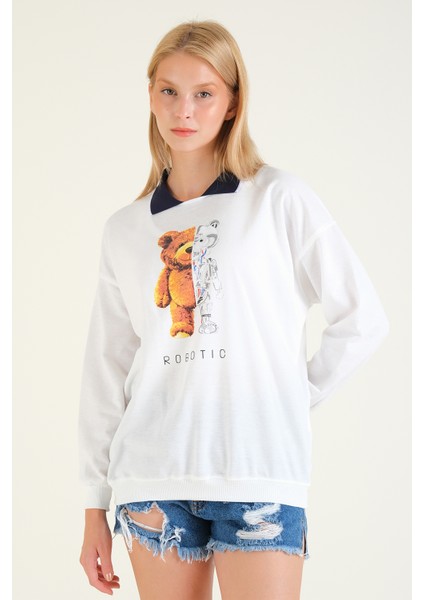 Kadın Baskılı Polo Yaka Sweatshirt Lacivert indirimleri