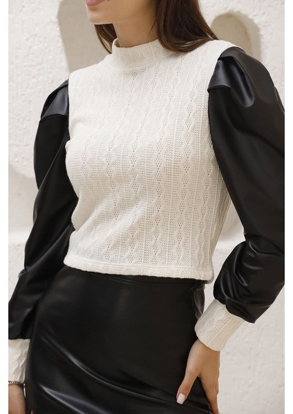 Krem Deri Detaylı Saç Örgü Bluz
