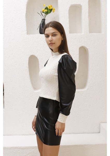 Krem Deri Detaylı Saç Örgü Bluz fiyatları