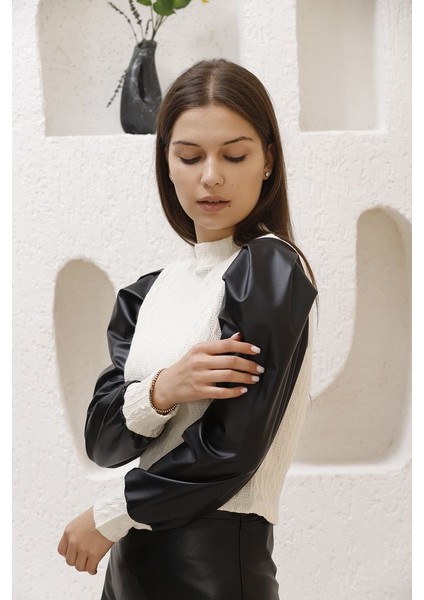 Krem Deri Detaylı Saç Örgü Bluz modelleri