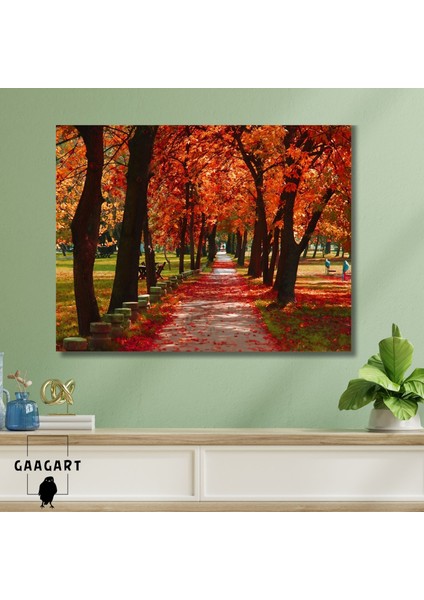 Tekli Yatay Kanvas Duvar Tablosu Turuncu Ağaç ve Park Manzara