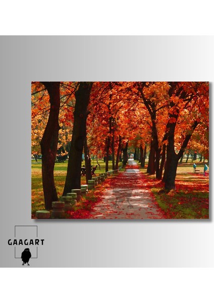 Tekli Yatay Kanvas Duvar Tablosu Turuncu Ağaç ve Park Manzara modelleri