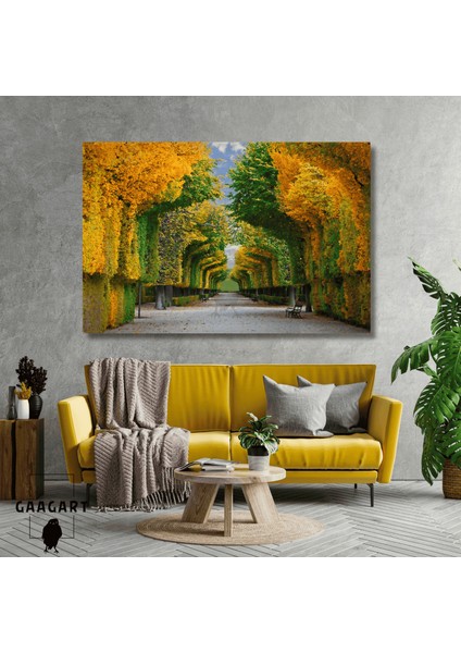 Tekli Yatay Kanvas Duvar Tablosu Renkli Ağaçlar ve Banklar