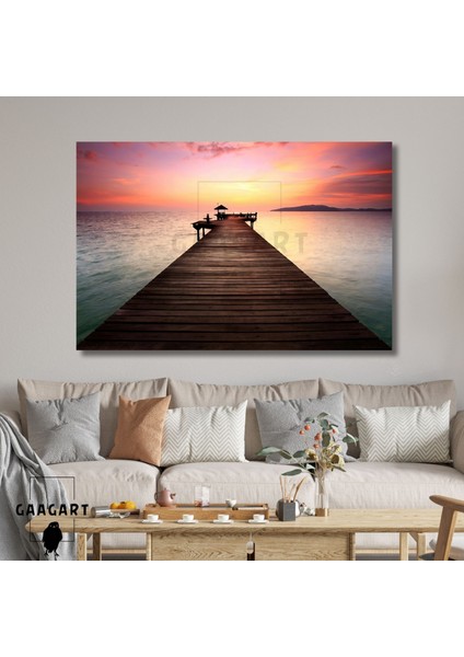 Tekli Yatay Kanvas Duvar Tablosu Pembe Gök ve Iskele Manzarası