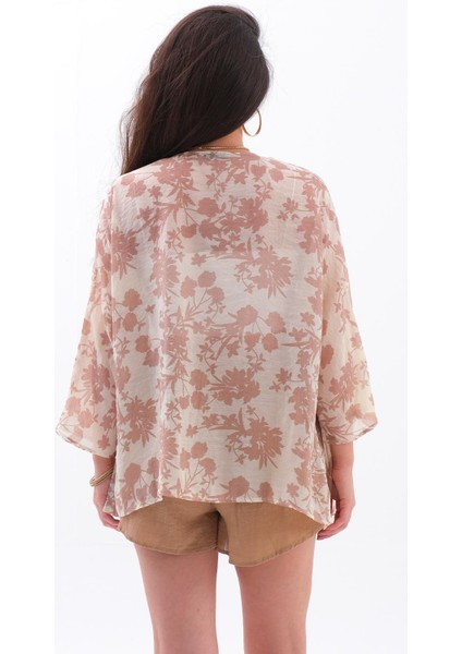 Çiçek Desenli Truvakar Kol Kimono - Vizon