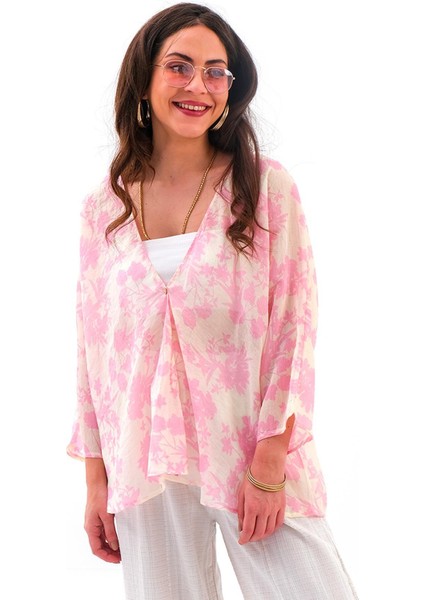 Çiçek Desenli Truvakar Kol Kimono - Pembe fiyatları