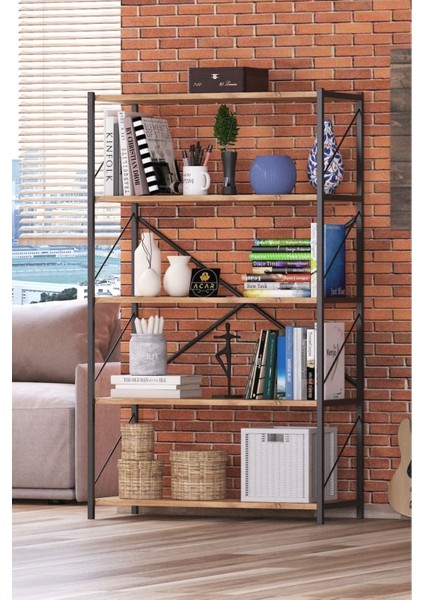 Metal Kitaplık 5 Raflı Çok Amaçlı Dosya Kitap Rafı Ofis Salon Raf 150x90 Cm Ceviz