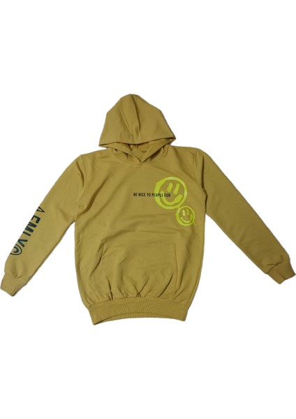 Erkek Çocuk Önü Arkası Kolu Emoji Smile Desenli Hardal Renk Kanguru Cepli Kapüşonlu Sweatshirt