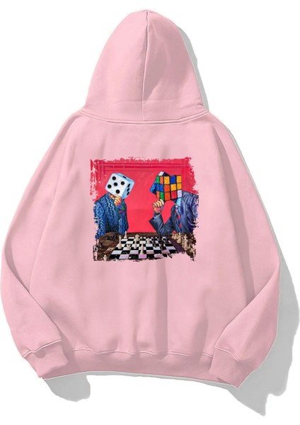 Kapüşonlu Içi Polar Satranç Baskılı Pembe Unisex Oversize Hoodie Sweatshirt