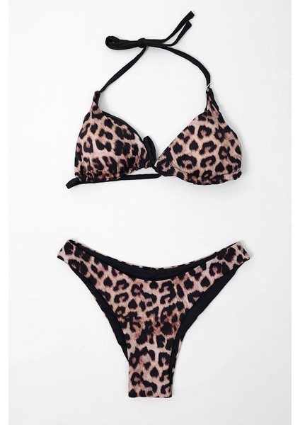 Kadın Siyah Leopar Ip Bağlamalı Astarlı Üçgen Bikini Takım HZL24S-LC204