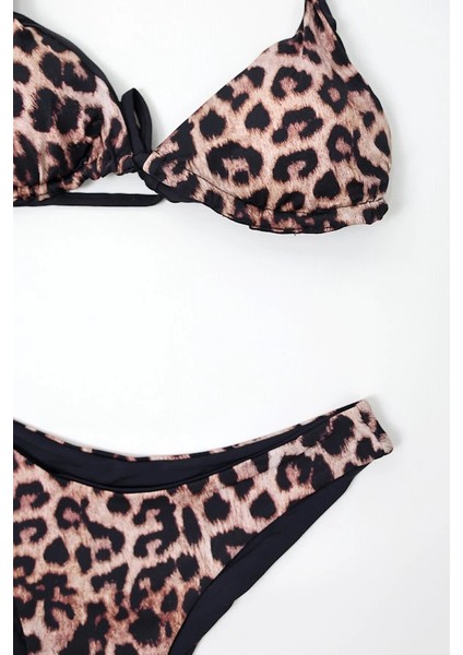 Kadın Siyah Leopar Ip Bağlamalı Astarlı Üçgen Bikini Takım HZL24S-LC204 fiyatları
