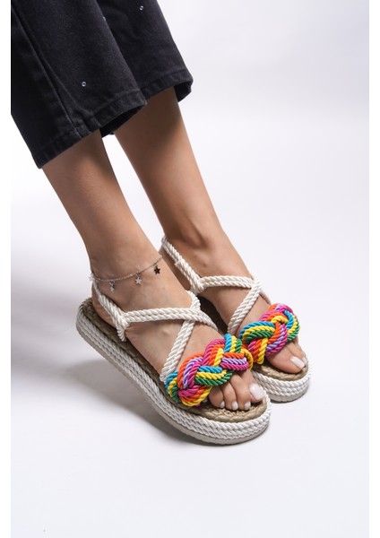 Kadın Sandalet Renkli İpli Detaylarla Şık Tasarım Yazlık Ayakkabı