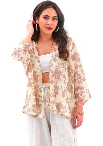 Çiçek Desenli Truvakar Kol Kimono - Kahve
