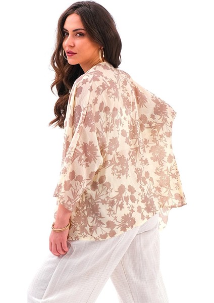 Çiçek Desenli Truvakar Kol Kimono - Kahve fırsatları