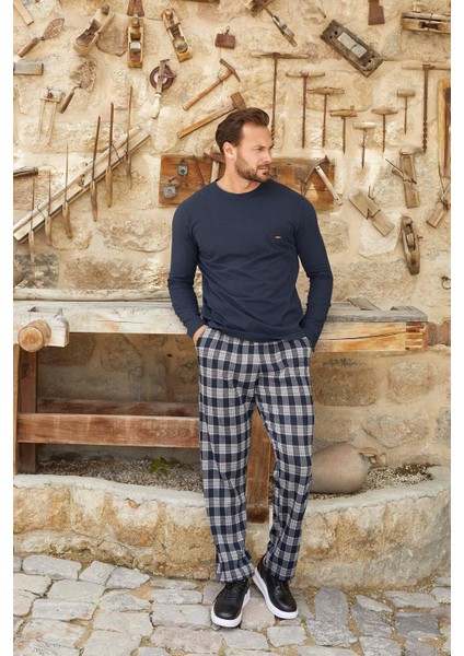 Erkek Tekin Jakarlı Kışlık Lacivert Pijama Takım 3380