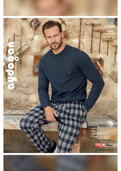 Erkek Tekin Jakarlı Kışlık Lacivert Pijama Takım 3380
