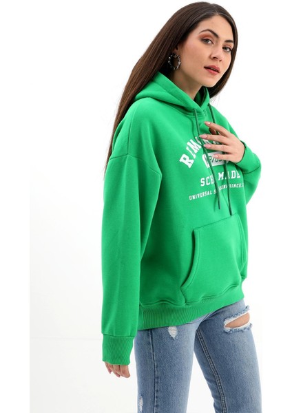 Kapüşonlu School Baskılı Üç Iplik Sweat - Zümrüt fiyatları