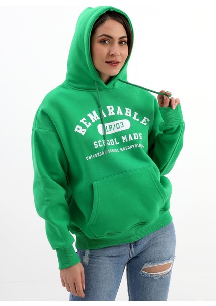 Kapüşonlu School Baskılı Üç Iplik Sweat - Zümrüt fırsatları