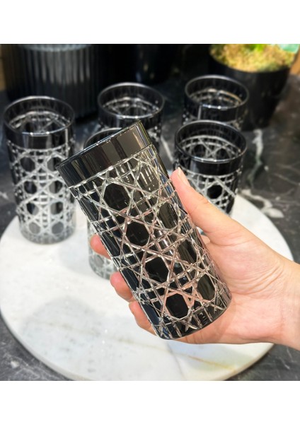 6'lı Petek Desen Kahve Yanı Meşrubat Bardak 250CC Siyah