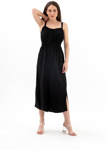 Askılı Önü Düğmeli Yırtmaçlı Keten Elbise - Siyah fiyatları