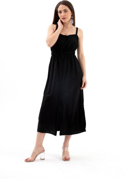 Askılı Önü Düğmeli Yırtmaçlı Keten Elbise - Siyah modelleri