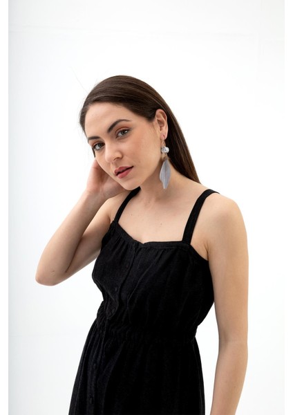 Askılı Önü Düğmeli Yırtmaçlı Keten Elbise - Siyah indirimleri