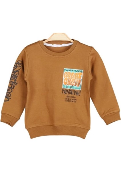 Erkek Çocuk Great Yazı Desenli Kolu Yazılı Şardonlu Kahverengi Sweatshirt