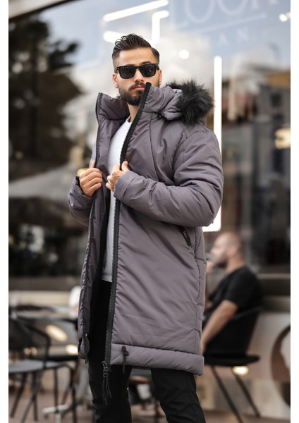 Kapşon Kürklü Erkek Uzun Mont