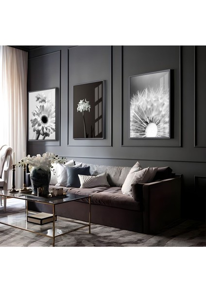 Beyaz-Siyah Çiçek Kombini 01 |Çerçeveli Cam Tablo 3lü Dikey