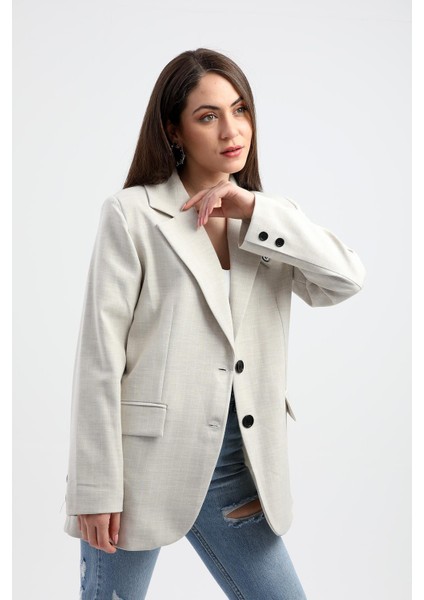 Blazer Ceket Çizgili Atlas Kumaş - Bej