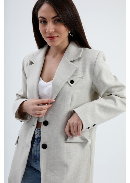 Blazer Ceket Çizgili Atlas Kumaş - Bej