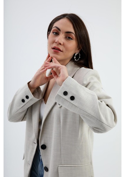 Blazer Ceket Çizgili Atlas Kumaş - Bej