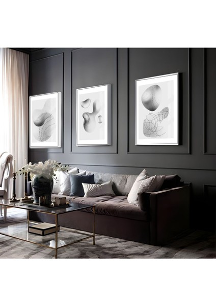 Beyaz-Gri Soyut Balonlar Kombini |Çerçeveli Cam Tablo 3lü Dikey