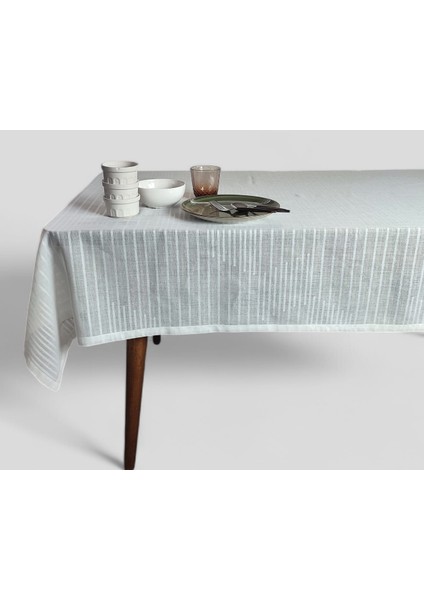 145*250 cm Çizgi Jakarlı Poly-Keten Ekru Masa Örtüsü(Lm)