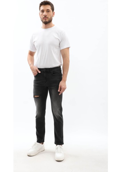 Erkek Slim Fit Yırtık Detay Antrasit Jean Pantolon